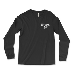Official Vegan AF Premium Unisex Long Sleeve Jersey T-Shirt. It black with our white Vegan AF logo on the front.