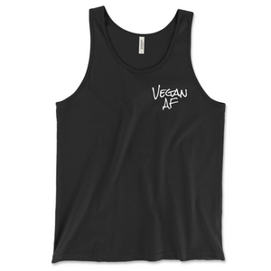 Official Vegan AF Unisex Jersey Tank Top. It is black with our white Vegan AF logo on front of it.