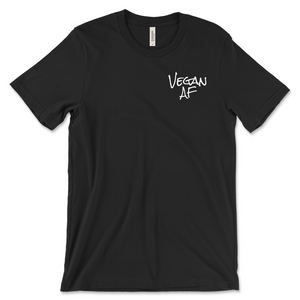Official Vegan AF Unisex Jersey T-Shirt Tee. It is black with our white Vegan AF logo on front of it.